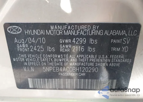 2011 Hyundai Sonata Gls из США, поврежденный, VIN 5NPEB4AC0BH120290